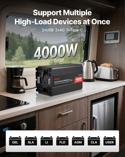 4000W Power Inverter, 12V DC to 230V AC Pure Sine Wave Inverter, Solar Car Charger Converter with LCD Display, Remote Control, 2 USB Ports, 2 AC Outlets, Type-C Port, for RV, Truck Outdoor