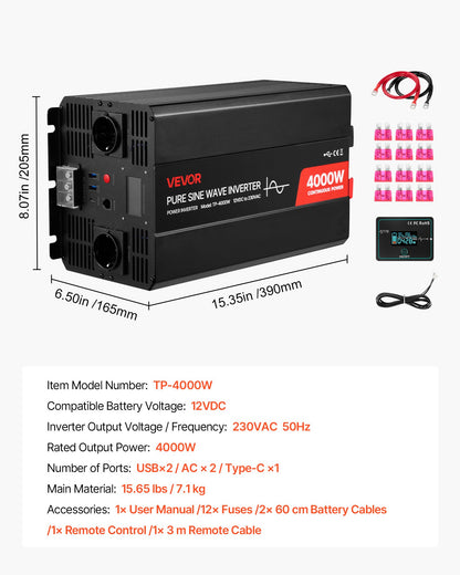4000W Power Inverter, 12V DC to 230V AC Pure Sine Wave Inverter, Solar Car Charger Converter with LCD Display, Remote Control, 2 USB Ports, 2 AC Outlets, Type-C Port, for RV, Truck Outdoor