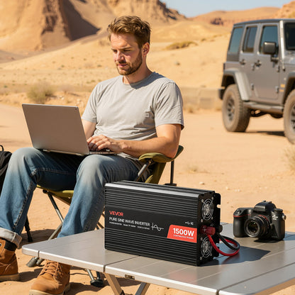 1500W Power Inverter, 12V DC to 230V AC Pure Sine Wave Inverter, Car Charger Converter with Remote Control, USB & Type-C Ports, 2 AC Outlets, Fast-charging for RV, Truck Outdoor Camping