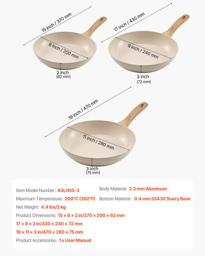 Frying Pan Skillet, Aluminum Egg Fry Pans, 3 Pcs (200, 240, 280 mm), Nonsitck Ceramic Heavy-Duty Skillets with Heat-Resistant Handle, Chef's Kitchen Cookware for Gas, Electric, Induction, Beige