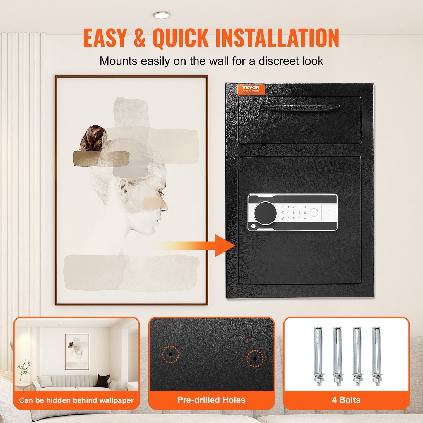 2,5-tums depositionsskåp, depositionsskåp med fallfack, elektroniskt kodlås och 2 nödnycklar, 20,27" x 13,97" x 13,97" affärsskåp för kontanter, post i hemmet, hotellet, kontoret