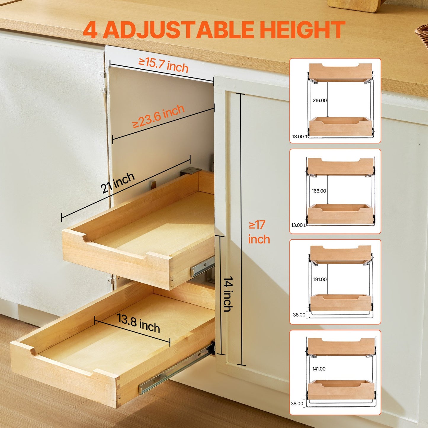 2 Tier Pull Out Cabinet Organizer, 14"W x 21"D Cabinet Drawer, Soft Close Slide out Shelf, Heavy-Duty Sliding Wood Drawer, Adjustable Base Cabinet Organization for Kitchen Pantry Bathroom