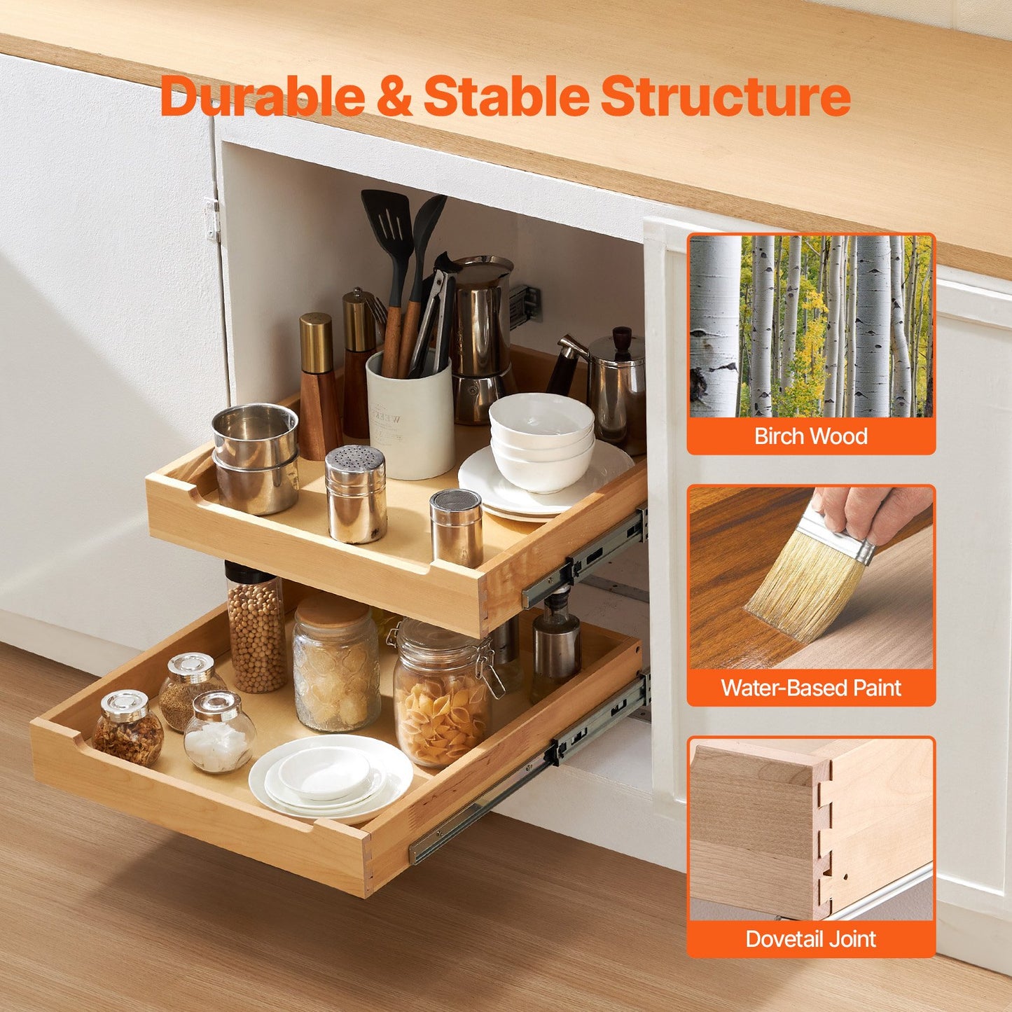 2 Tier Pull Out Cabinet Organizer, 20"W x 21"D Cabinet Drawer, Soft Close Slide out Shelf, Heavy-Duty Sliding Wood Drawer, Adjustable Base Cabinet Organization for Kitchen Pantry Bathroom