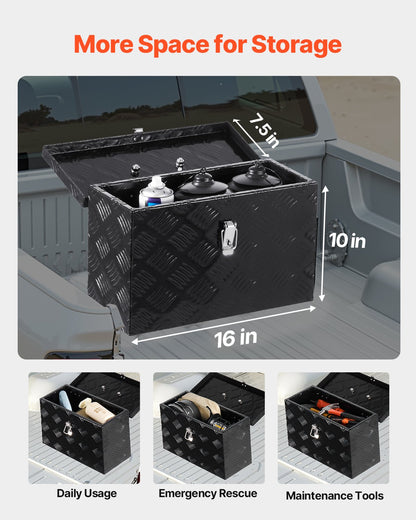 Kraftig verktygslåda i aluminium för lastbilsflak, randigt pläterat verktygslåda med sidohandtag och topphandtag, förvaringslåda för släpvagn, pickup, husbil, 16"x7,5"x10"(406x190x254mm), svart