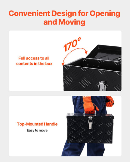 Kraftig verktygslåda i aluminium för lastbilsflak, randigt pläterat verktygslåda med sidohandtag och topphandtag, förvaringslåda för släpvagn, pickup, husbil, 16"x7,5"x10"(406x190x254mm), svart