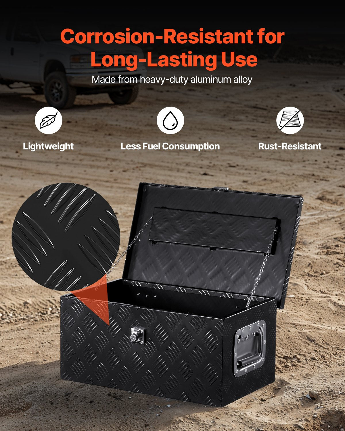 Verktygslåda i kraftigt aluminiumflak, ränderpläterad verktygslåda med sidohandtag och låsnycklar, förvaringslåda för släpvagn, pickup, husbil, 20"x12"x9.5"(508x304.8x241.3mm), svart