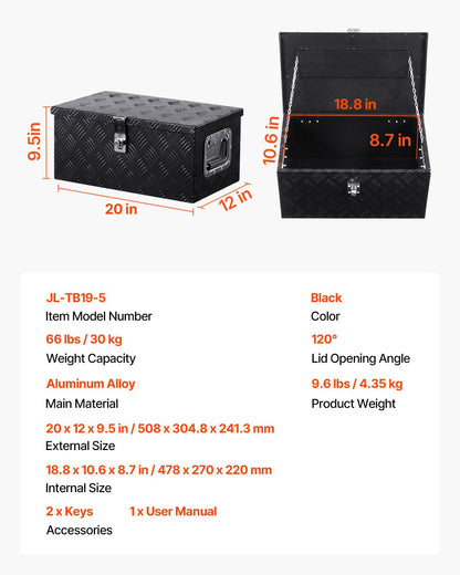 Verktygslåda i kraftigt aluminiumflak, ränderpläterad verktygslåda med sidohandtag och låsnycklar, förvaringslåda för släpvagn, pickup, husbil, 20"x12"x9.5"(508x304.8x241.3mm), svart