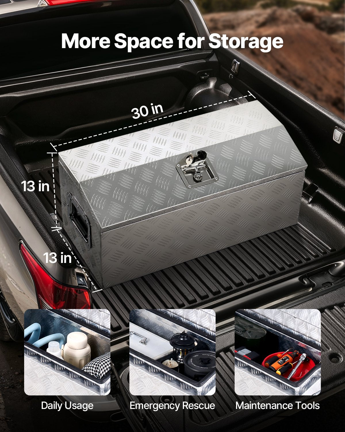 Verktygslåda i kraftigt aluminiumflak, ränderpläterad verktygslåda med sidohandtag och T-låsnycklar, förvaringslåda för släpvagn, pickup, husbil, 762 x 330,2 x 330,2 mm, silver