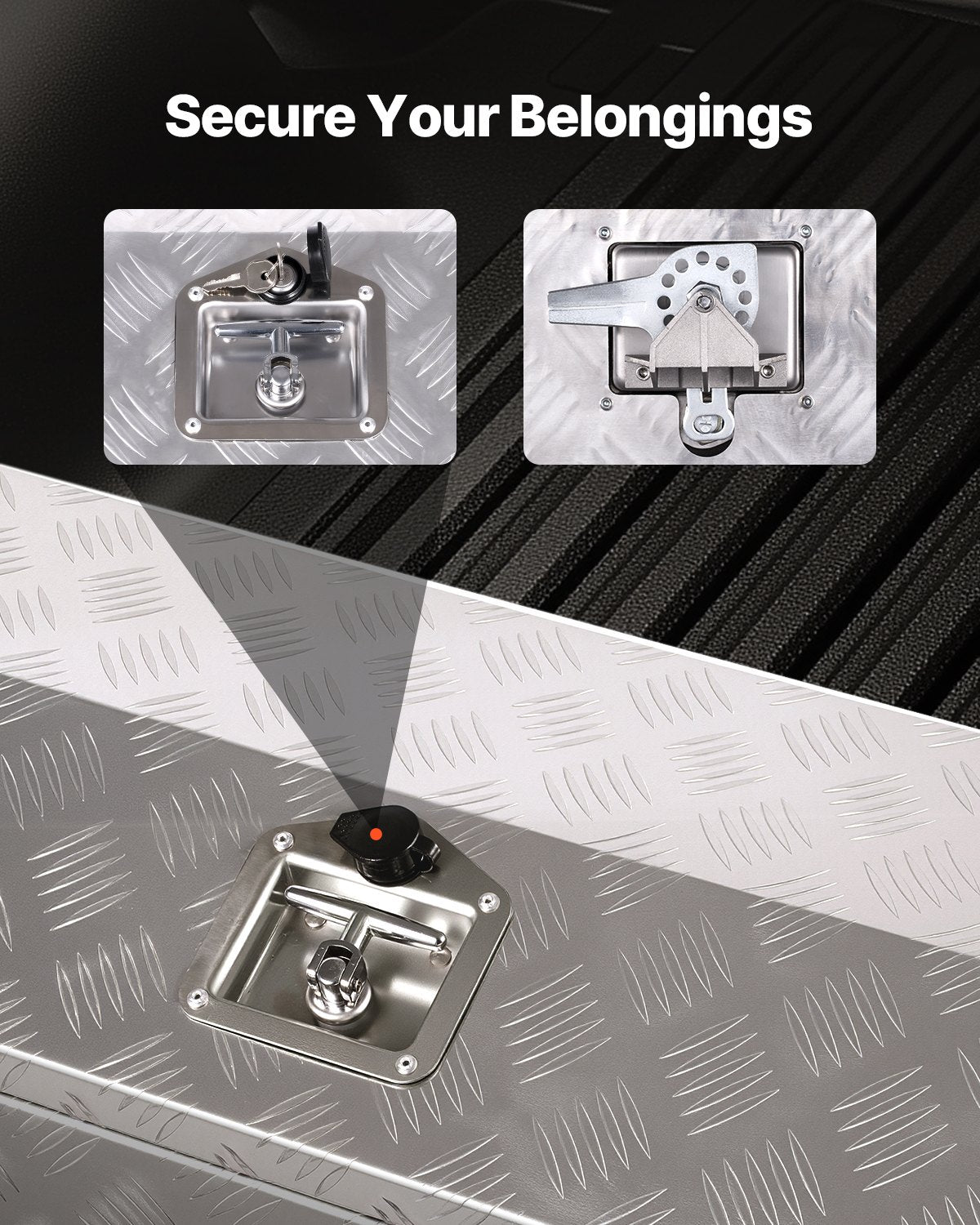 Verktygslåda i kraftigt aluminiumflak, ränderpläterad verktygslåda med sidohandtag och T-låsnycklar, förvaringslåda för släpvagn, pickup, husbil, 762 x 330,2 x 330,2 mm, silver