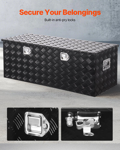 Verktygslåda i kraftigt aluminium för lastbilsflak, ränderpläterad verktygslåda med sidohandtag och lås och nycklar, förvaringslåda med verktygslåda och organisering för släpvagn och pickup, 48"x19,5"x17,5"(1219,2x495,3x444,5 mm), svart