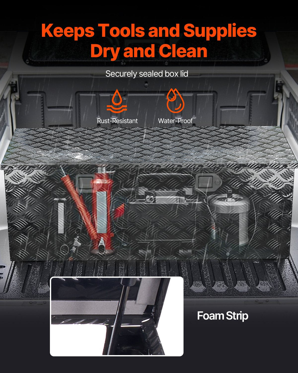 Verktygslåda i kraftigt aluminium för lastbilsflak, ränderpläterad verktygslåda med sidohandtag och lås och nycklar, förvaringslåda med verktygslåda och organisering för släpvagn och pickup, 48"x19,5"x17,5"(1219,2x495,3x444,5 mm), svart