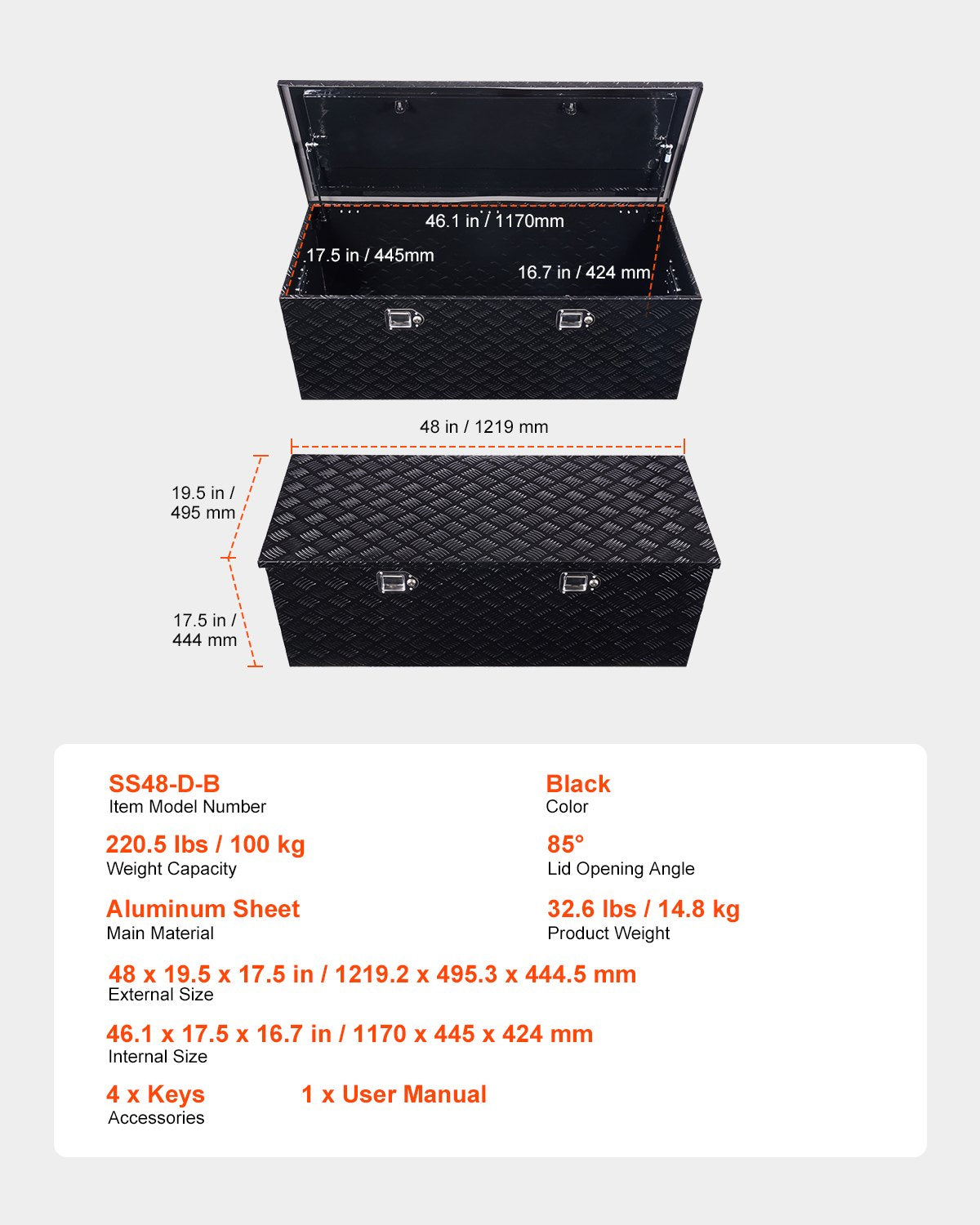 Verktygslåda i kraftigt aluminium för lastbilsflak, ränderpläterad verktygslåda med sidohandtag och lås och nycklar, förvaringslåda med verktygslåda och organisering för släpvagn och pickup, 48"x19,5"x17,5"(1219,2x495,3x444,5 mm), svart