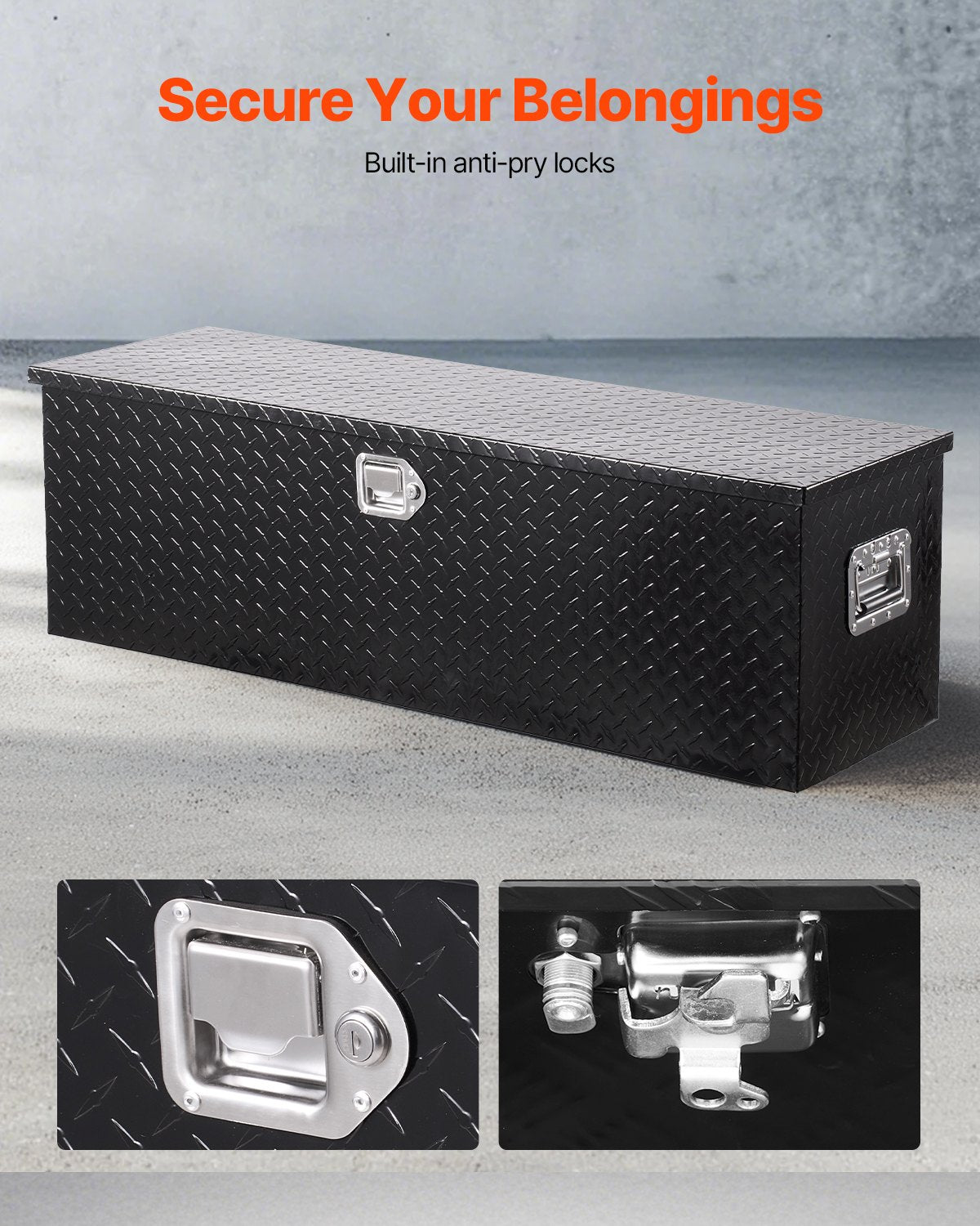 Heavy Duty Aluminum Truck Bed Tool Box, Diamond Plate Tool Box with Side Handle and Lock Keys, Storage Toolbox Chest Organizer for Trailer, Pickup, RV, 49"x15"x15"(1244.6x381x381mm), Black