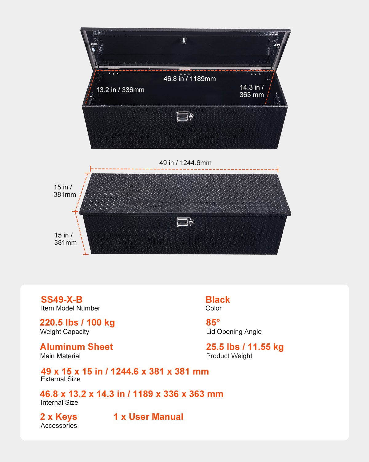 Heavy Duty Aluminum Truck Bed Tool Box, Diamond Plate Tool Box with Side Handle and Lock Keys, Storage Toolbox Chest Organizer for Trailer, Pickup, RV, 49"x15"x15"(1244.6x381x381mm), Black