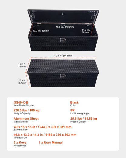 Heavy Duty Aluminum Truck Bed Tool Box, Diamond Plate Tool Box with Side Handle and Lock Keys, Storage Toolbox Chest Organizer for Trailer, Pickup, RV, 49"x15"x15"(1244.6x381x381mm), Black