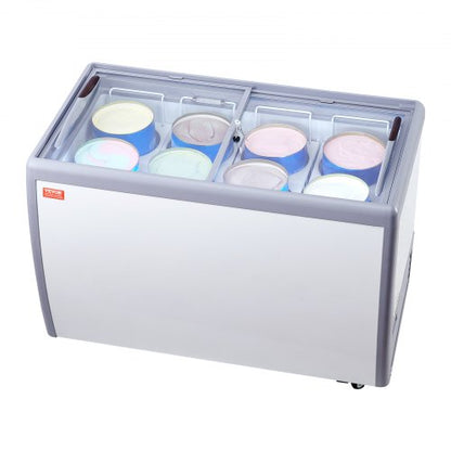 Commercial Ice Cream Display Case, 370 L Chest Freezer, Mobile Glass Top Deep Freezer, Restaurant Gelato Dipping Cabinet with 8 Large Tubs, 2 Sliding Glass Doors, Locking Casters, White