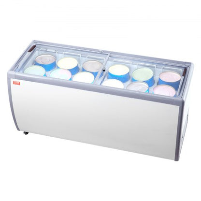 Commercial Ice Cream Display Case, 567 L Chest Freezer, Mobile Glass Top Deep Freezer, Restaurant Gelato Dipping Cabinet with 12 Large Tubs, 2 Sliding Glass Doors, Locking Casters, White