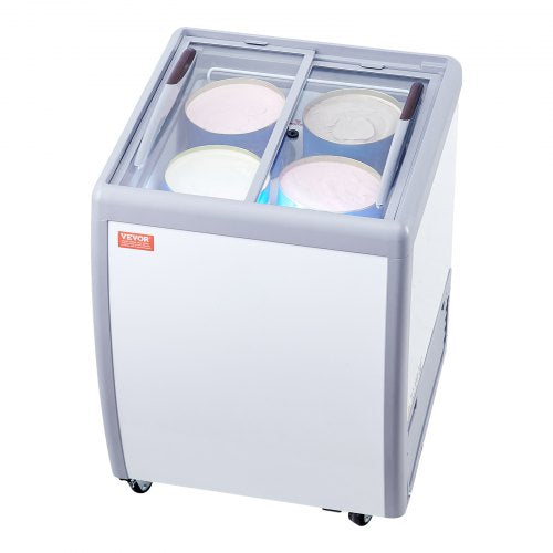 Commercial Ice Cream Display Case, 158 L Chest Freezer, Mobile Glass Top Deep Freezer, Restaurant Gelato Dipping Cabinet, 2 Sliding Glass Doors, Locking Casters, White