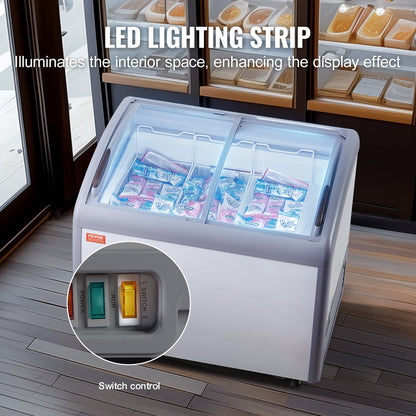 Kommersiell glassmonter, 264 liters frysbox, mobil glasfrys, restaurangskåp för glass med 3 trådkorgar, 2 skjutbara glasdörrar, låsbara hjul, vit