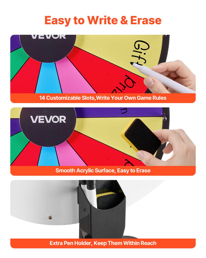 610 mm Spinning Prize Wheel, 14 Slots Spinning Wheel with Stand, Adjustable Height Win Fortune Roulette with a Dry Erase and 2 Markers, 6 Colors, Easy Assembly, for Party Pub Trade Show Carnival