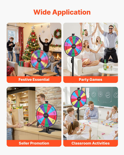 610 mm Spinning Prize Wheel, 14 Slots Spinning Wheel with Stand, Adjustable Height Win Fortune Roulette with a Dry Erase and 2 Markers, 6 Colors, Easy Assembly, for Party Pub Trade Show Carnival