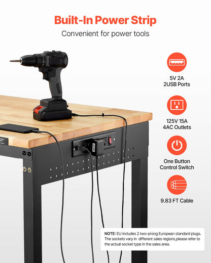 1219 mm Adjustable Workbench, 907 kg Load, Work Bench with Power Outlet, Wheels, and Pegboard, Heavy Duty Oak Wood Top Work Table for Garage, Workshop, Office, and Home