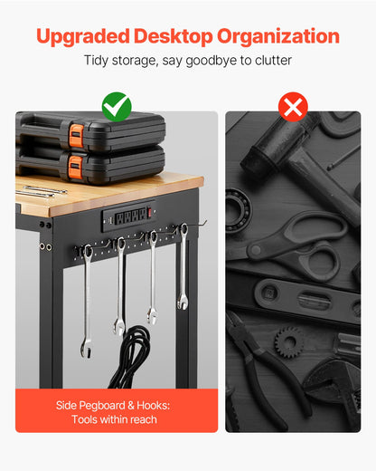 1219 mm Adjustable Workbench, 907 kg Load, Work Bench with Power Outlet, Wheels, and Pegboard, Heavy Duty Oak Wood Top Work Table for Garage, Workshop, Office, and Home