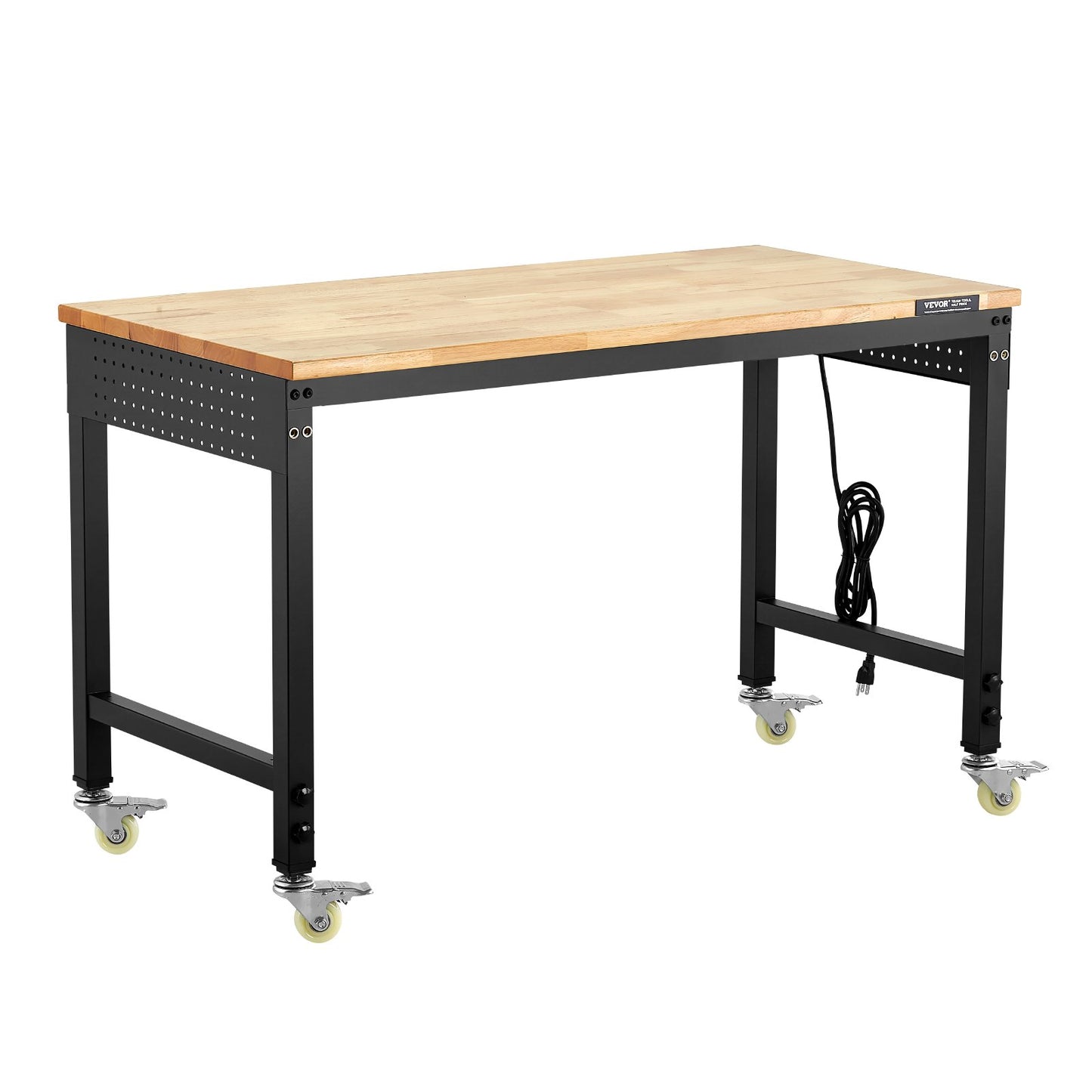 1219 mm Adjustable Workbench, 907 kg Load, Work Bench with Power Outlet, Wheels, and Pegboard, Heavy Duty Oak Wood Top Work Table for Garage, Workshop, Office, and Home