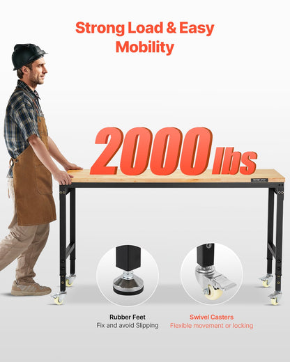 1524 mm Adjustable Workbench, 907 kg Load, Work Bench with Power Outlet, Wheels, and Pegboard, Heavy Duty Oak Wood Top Work Table for Garage, Workshop, Office, and Home
