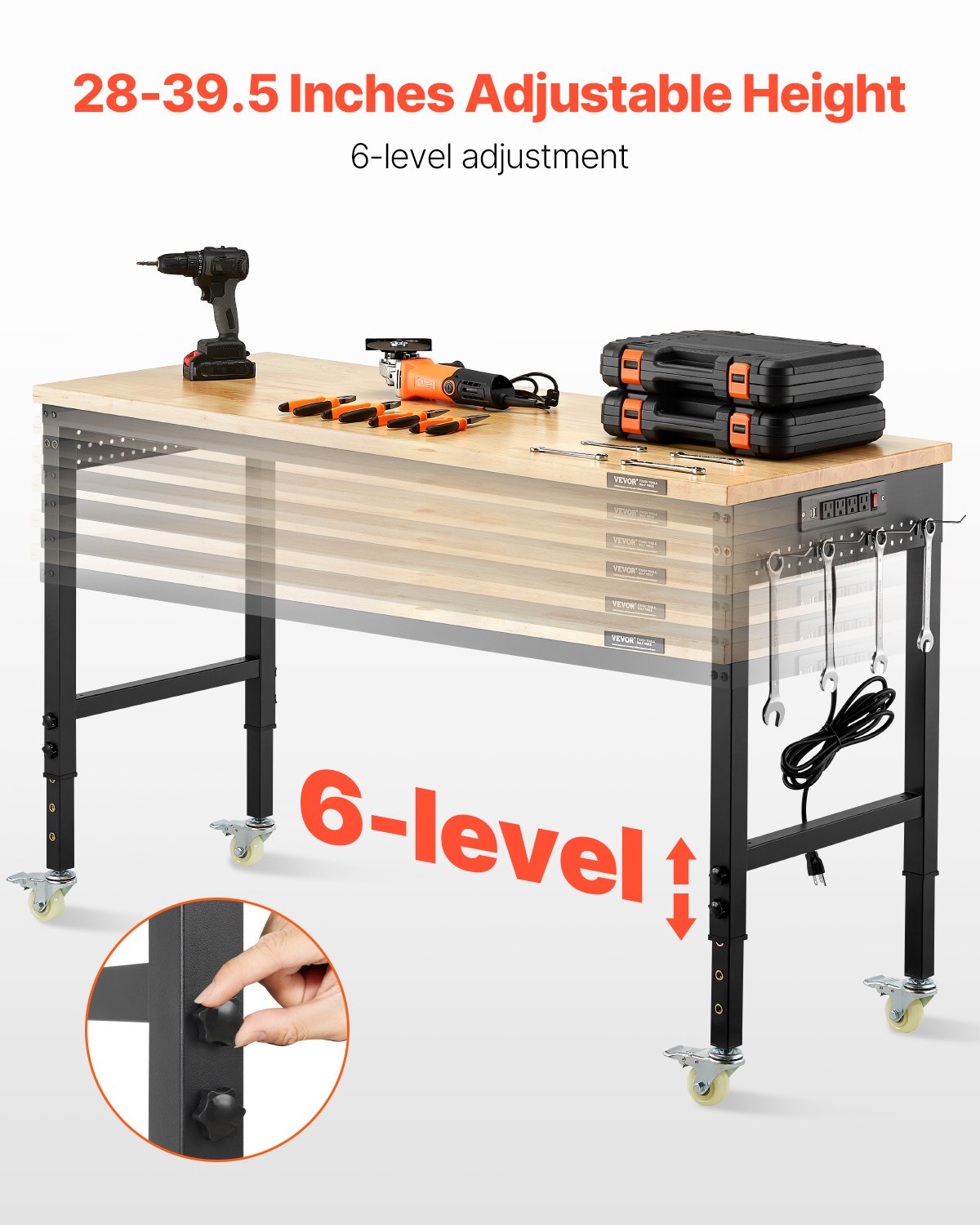 1524 mm Adjustable Workbench, 907 kg Load, Work Bench with Power Outlet, Wheels, and Pegboard, Heavy Duty Oak Wood Top Work Table for Garage, Workshop, Office, and Home