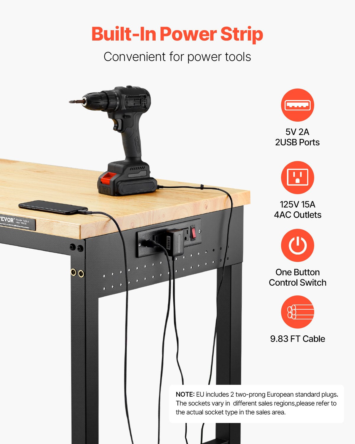 1524 mm Adjustable Workbench, 907 kg Load, Work Bench with Power Outlet, Wheels, and Pegboard, Heavy Duty Oak Wood Top Work Table for Garage, Workshop, Office, and Home
