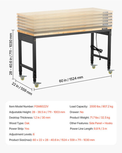 1524 mm Adjustable Workbench, 907 kg Load, Work Bench with Power Outlet, Wheels, and Pegboard, Heavy Duty Oak Wood Top Work Table for Garage, Workshop, Office, and Home