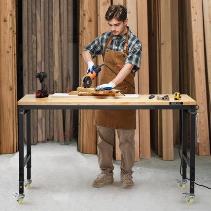 1524 mm Adjustable Workbench, 907 kg Load, Work Bench with Power Outlet, Wheels, and Pegboard, Heavy Duty Oak Wood Top Work Table for Garage, Workshop, Office, and Home