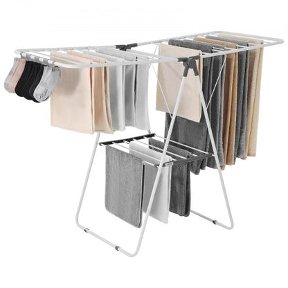 Clothes Drying Rack, 2-Tier Foldable Laundry Dryer Rack with Sock Clips & 21 Drying Rods, Metal Height Adjustable Drying Racks for Outdoor & Indoor, Free-Standing & Space-Saving Hanger, White
