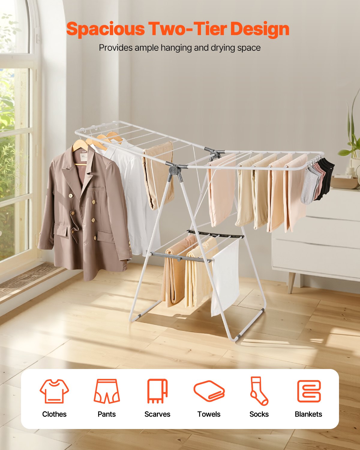 Clothes Drying Rack, 2-Tier Foldable Laundry Dryer Rack with Sock Clips & 21 Drying Rods, Metal Height Adjustable Drying Racks for Outdoor & Indoor, Free-Standing & Space-Saving Hanger, White