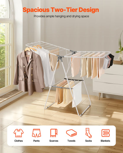 Clothes Drying Rack, 2-Tier Foldable Laundry Dryer Rack with Sock Clips & 21 Drying Rods, Metal Height Adjustable Drying Racks for Outdoor & Indoor, Free-Standing & Space-Saving Hanger, White