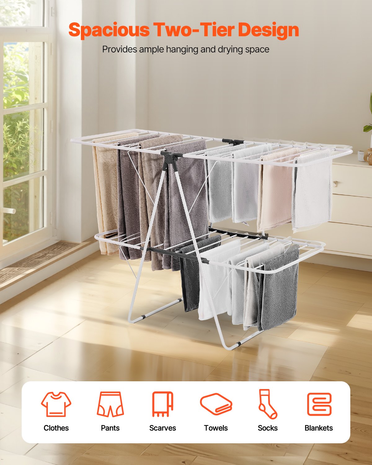 Clothes Drying Rack, 2-Tier Foldable Laundry Dryer Rack with Sock Clips & 31 Dry Rods, Metal Height Adjustable Drying Racks for Outdoor & Indoor, Free-Standing & Space-Saving Hanger, White