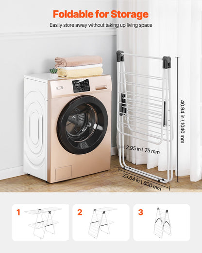 Clothes Drying Rack, 2-Tier Foldable Laundry Dryer Rack with Sock Clips & 31 Dry Rods, Metal Height Adjustable Drying Racks for Outdoor & Indoor, Free-Standing & Space-Saving Hanger, White