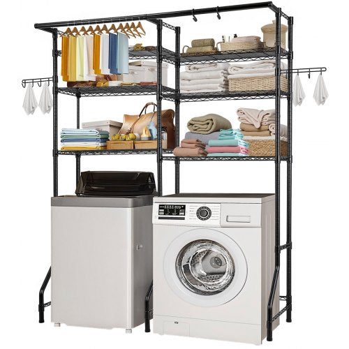 Over Washer and Dryer Storage Shelves, 6 Tiers Laundry Room Drying Rack with Hanger Rod and Hooks, Two Rows Adjustable Washer Shelves Space Saver, for Laundry Room Storage & Organization, Black