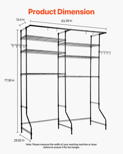 Over Washer and Dryer Storage Shelves, 6 Tiers Laundry Room Drying Rack with Hanger Rod and Hooks, Two Rows Adjustable Washer Shelves Space Saver, for Laundry Room Storage & Organization, Black