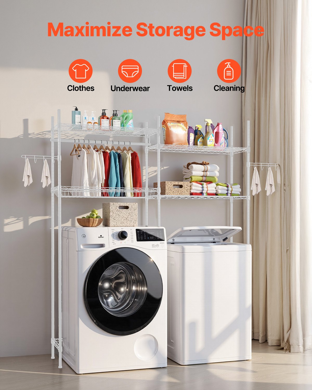 Over Washer and Dryer Storage Shelves, 4 Tiers Laundry Room Drying Rack with Hanger Rod and Hooks, Two Rows Adjustable Washer Shelves Space Saver, for Laundry Room Storage & Organization, White