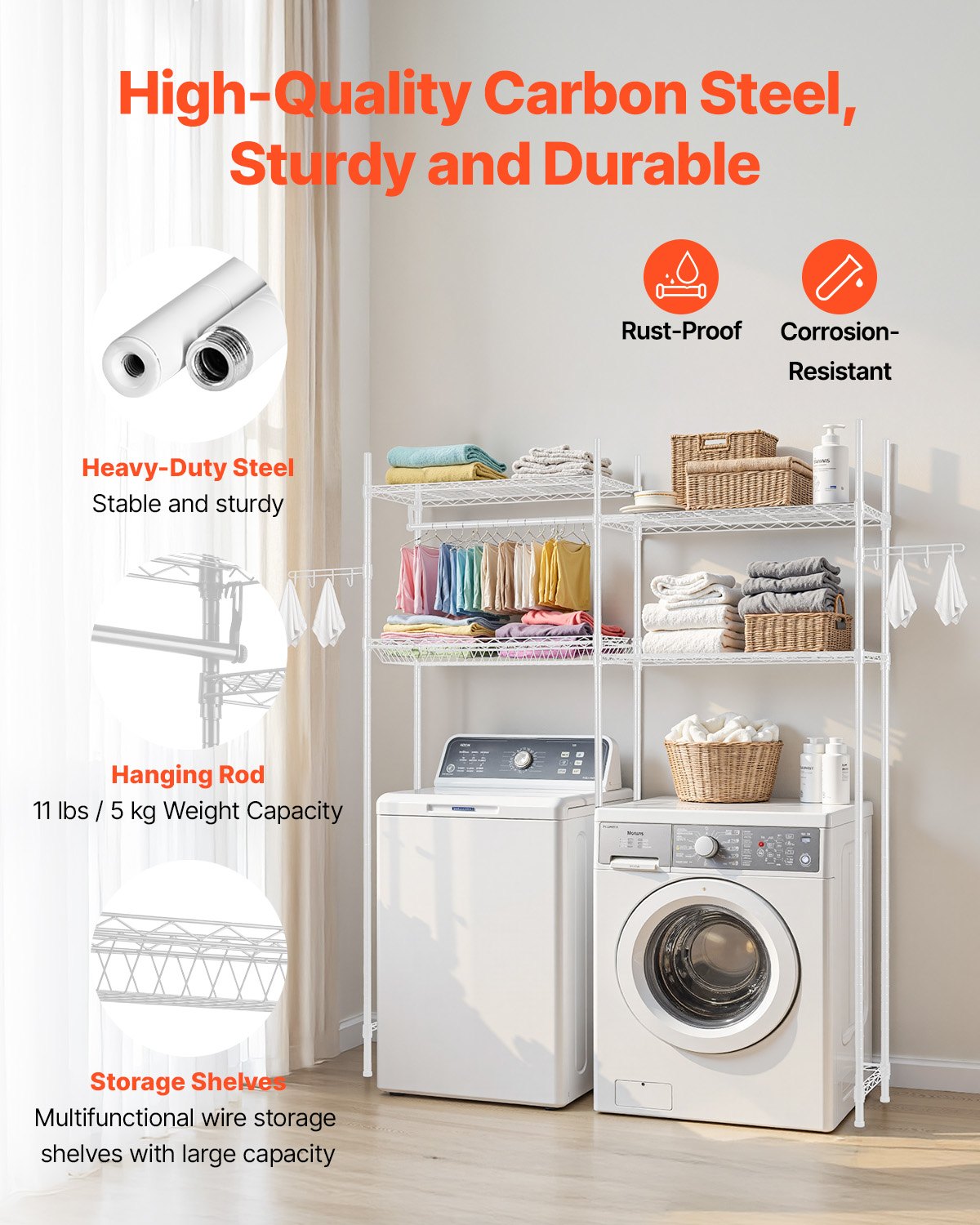 Over Washer and Dryer Storage Shelves, 4 Tiers Laundry Room Drying Rack with Hanger Rod and Hooks, Two Rows Adjustable Washer Shelves Space Saver, for Laundry Room Storage & Organization, White