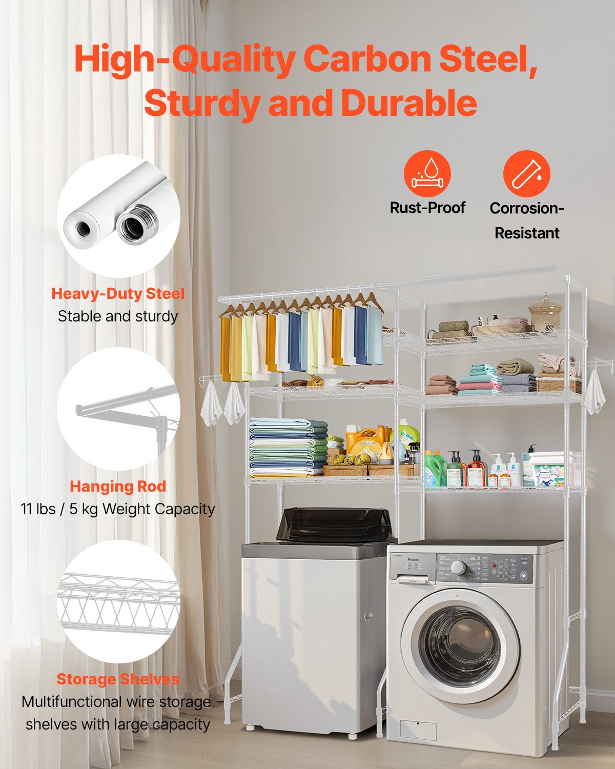 Over Washer and Dryer Storage Shelves, 6 Tiers Laundry Room Drying Rack with Hanger Rod and Hooks, Two Rows Adjustable Washer Shelves Space Saver, for Laundry Room Storage & Organization, White