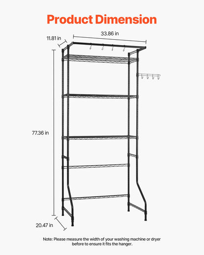 Over Washer and Dryer Storage Shelf, 3 Tiers Laundry Room Drying Rack with Hanger Rod and Hooks, Single Row Adjustable Washer Shelves Space Saver, for Laundry Room Storage & Organization, Black