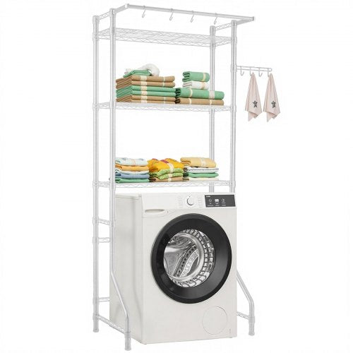 Over Washer and Dryer Storage Shelf, 3 Tiers Laundry Room Drying Rack with Hanger Rod and Hooks, Single Row Adjustable Washer Shelves Space Saver, for Laundry Room Storage & Organization, White