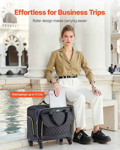 Rullande datorväska 17,3 tum / 43,9 cm datorväska med hjul för kvinnor och män svart guld