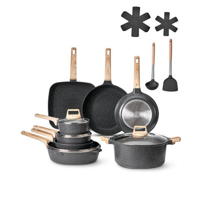 19 Piece Pots and Pans Set, Granite Nonstick Cookware Set, Induction Cookwares, Kitchen RV Cooking Sets with Frying, Sauce, Saute, Tempered Glass Lids, and Pan Protectors, Black