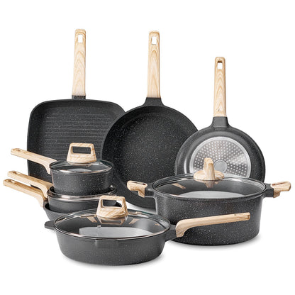 19 Piece Pots and Pans Set, Granite Nonstick Cookware Set, Induction Cookwares, Kitchen RV Cooking Sets with Frying, Sauce, Saute, Tempered Glass Lids, and Pan Protectors, Black