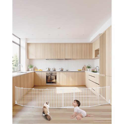 Baby Gate, 192 Inches Extra Wide, 28 Inches High 8-Panel Foldable Dog Gate, for Child Pet Security, One-Hand Open, Install Between Two Walls or As a Fence, for Stairs and Doorways, White