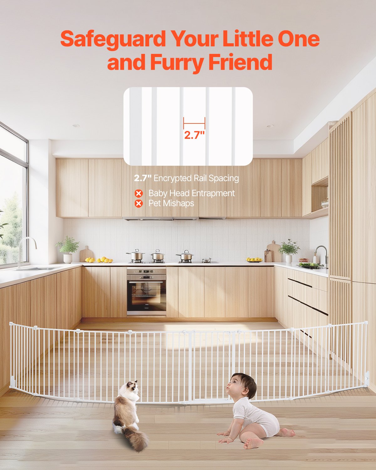 Baby Gate, 192 Inches Extra Wide, 28 Inches High 8-Panel Foldable Dog Gate, for Child Pet Security, One-Hand Open, Install Between Two Walls or As a Fence, for Stairs and Doorways, White